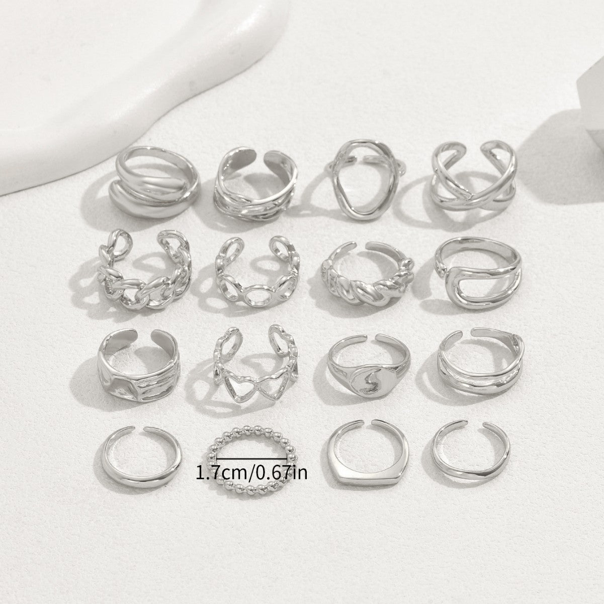 16pc Adjustable Geometric Ring Set