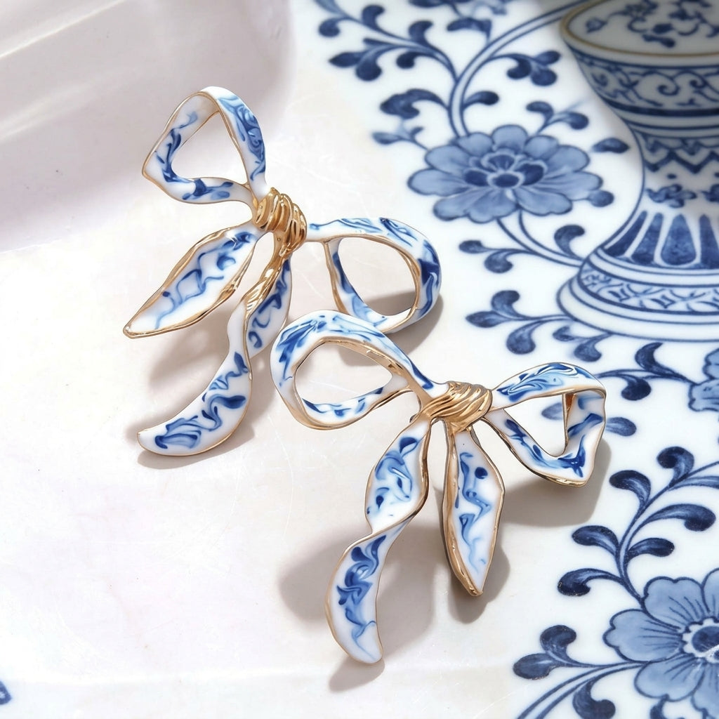 Elegant Blue & White Bow Earrings