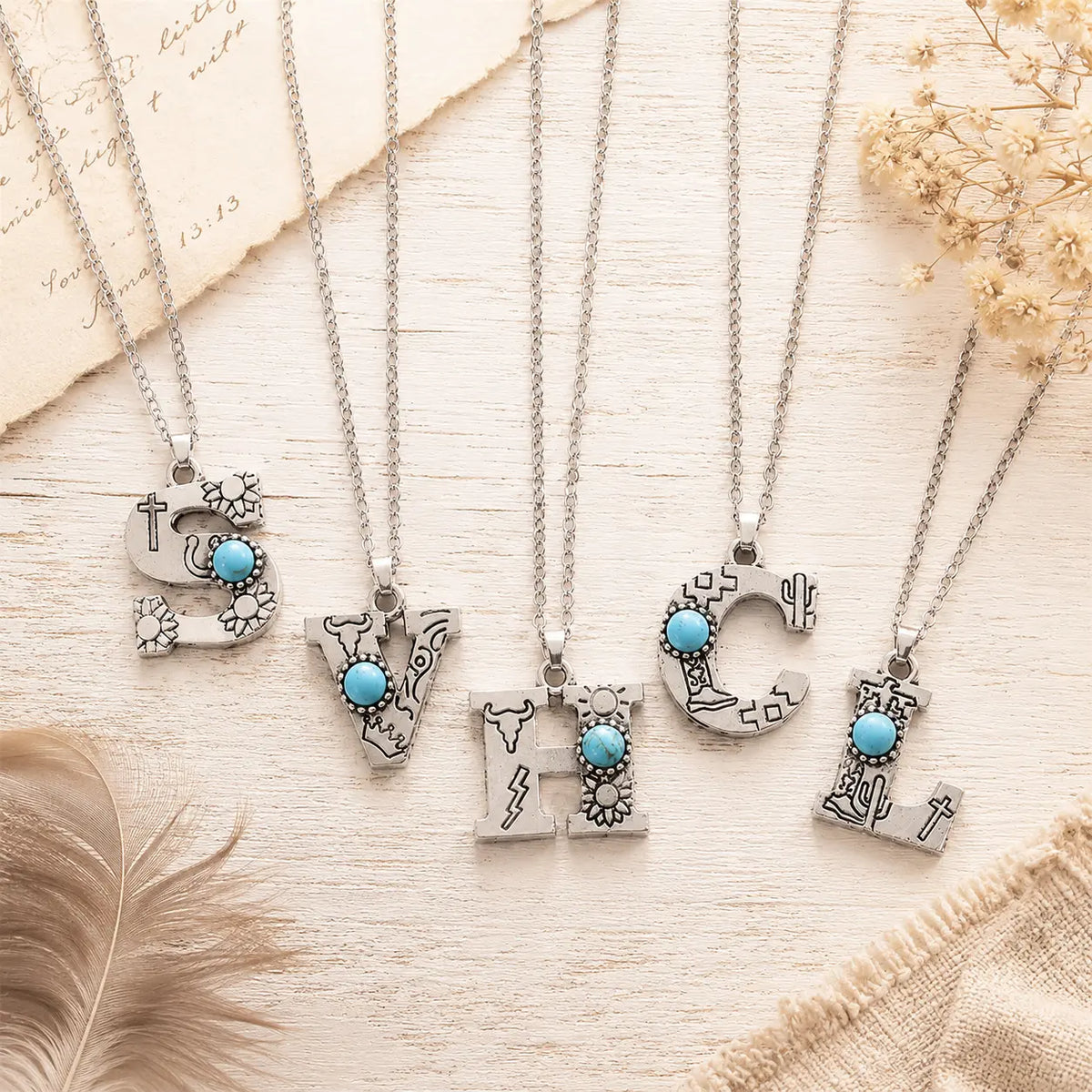 Boho Turquoise Accented Letter Initial Necklace