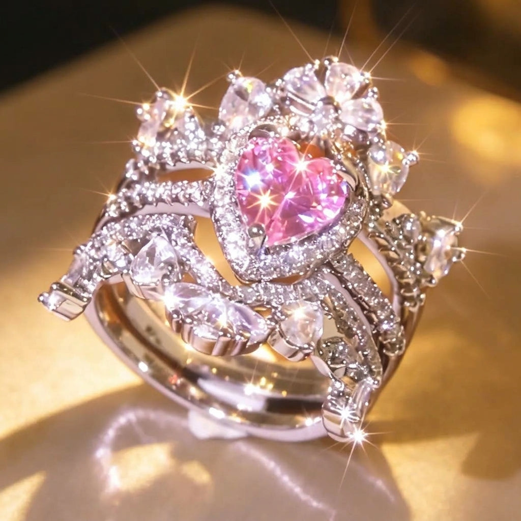 3pc Pink Heart Crown Stackable Ring Set