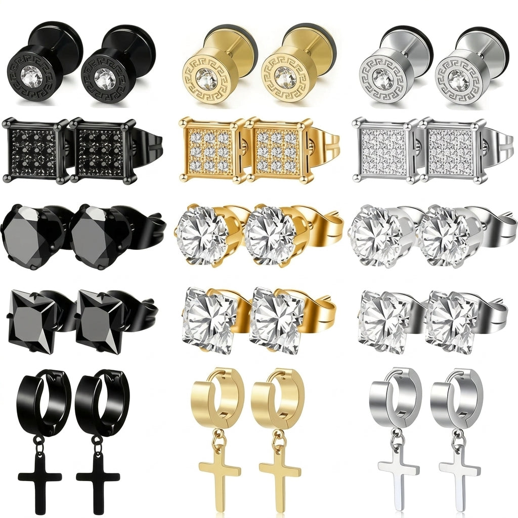 15 Pairs Unisex Stud and Cross Hoop Earring Set