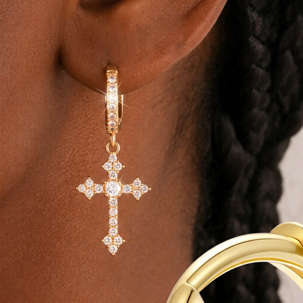 14k Sparkling Cross Dangle Hoop Earrings