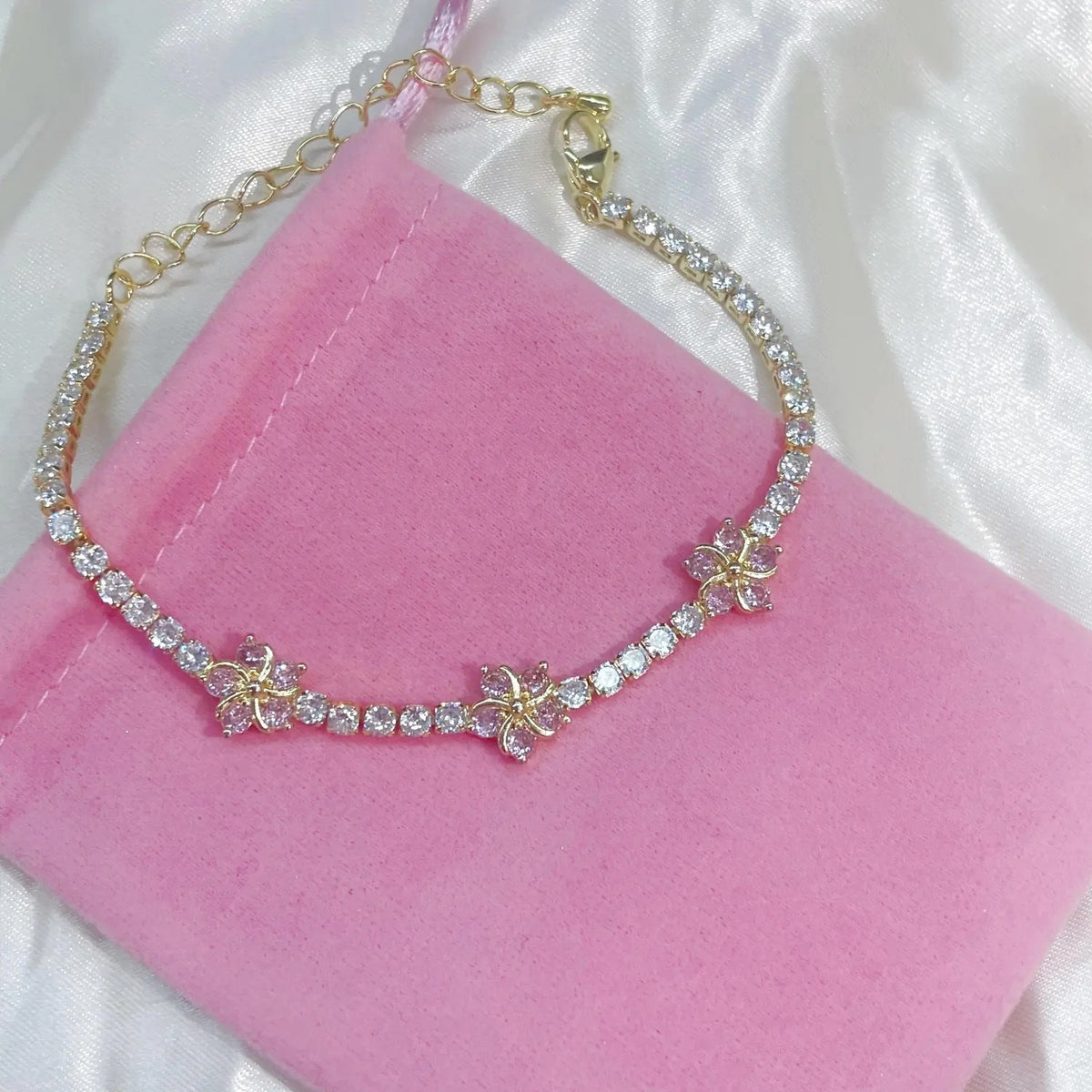 Dainty Pink Flower Charm Bracelet