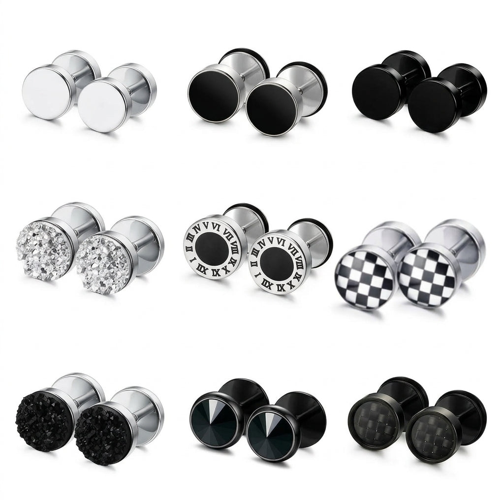 9 Pairs Round Mixed Plug Stud Earring Set