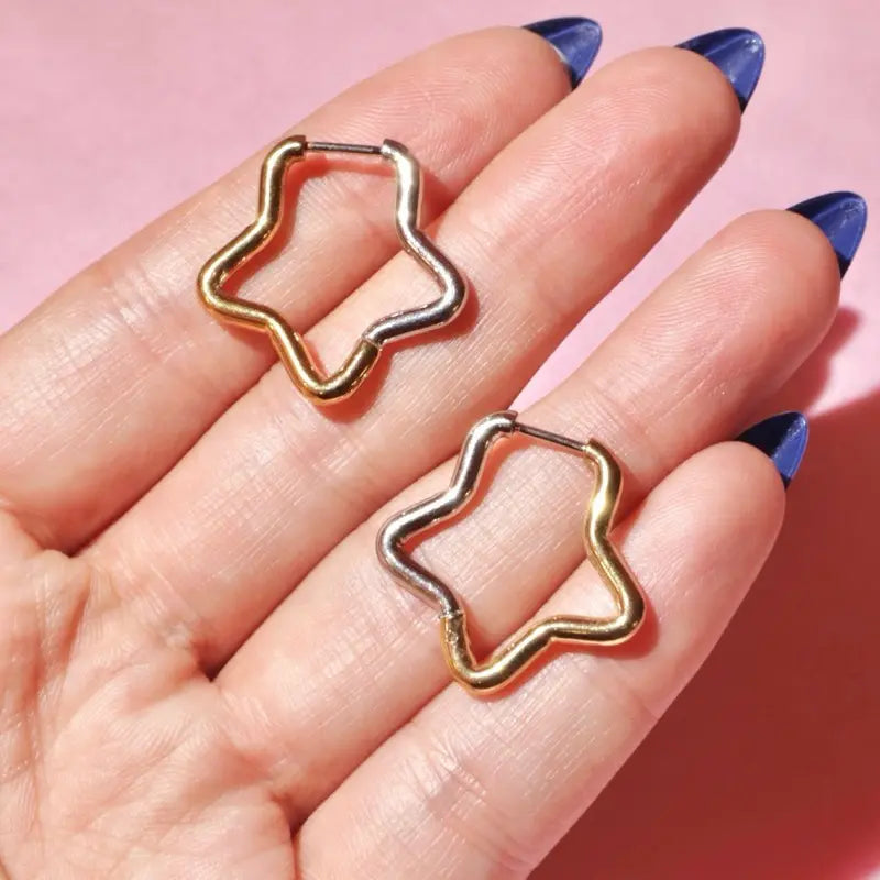 Dual Tone Star Hoop Earrings