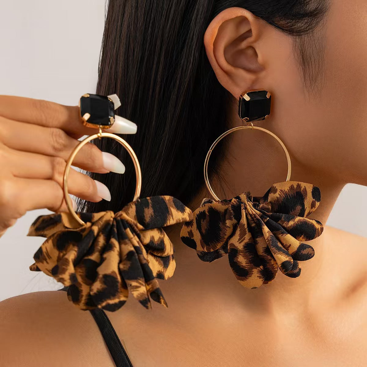 Leopard Print Ruffled Flower Hoop Earrings