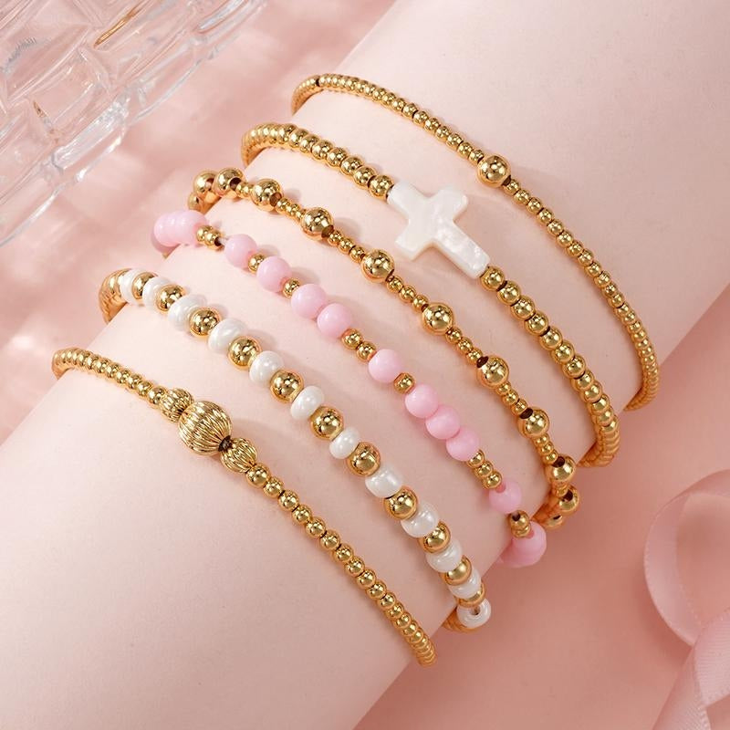 14k 6pc Beaded Bracelet Stack