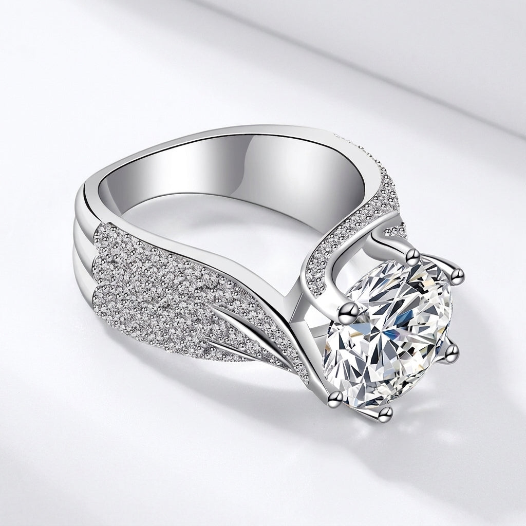Elegant Wave Pave Shoulder Solitaire Ring