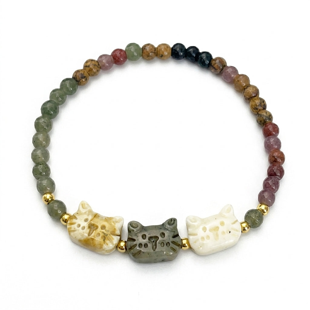 Trio Cat Face Beaded Bracelet