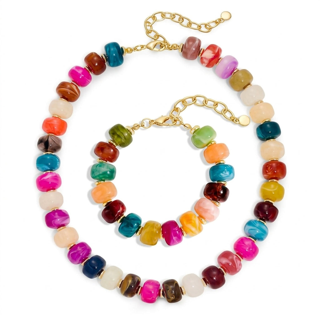 Boho Chunky Bead Necklace and Bracelet Set