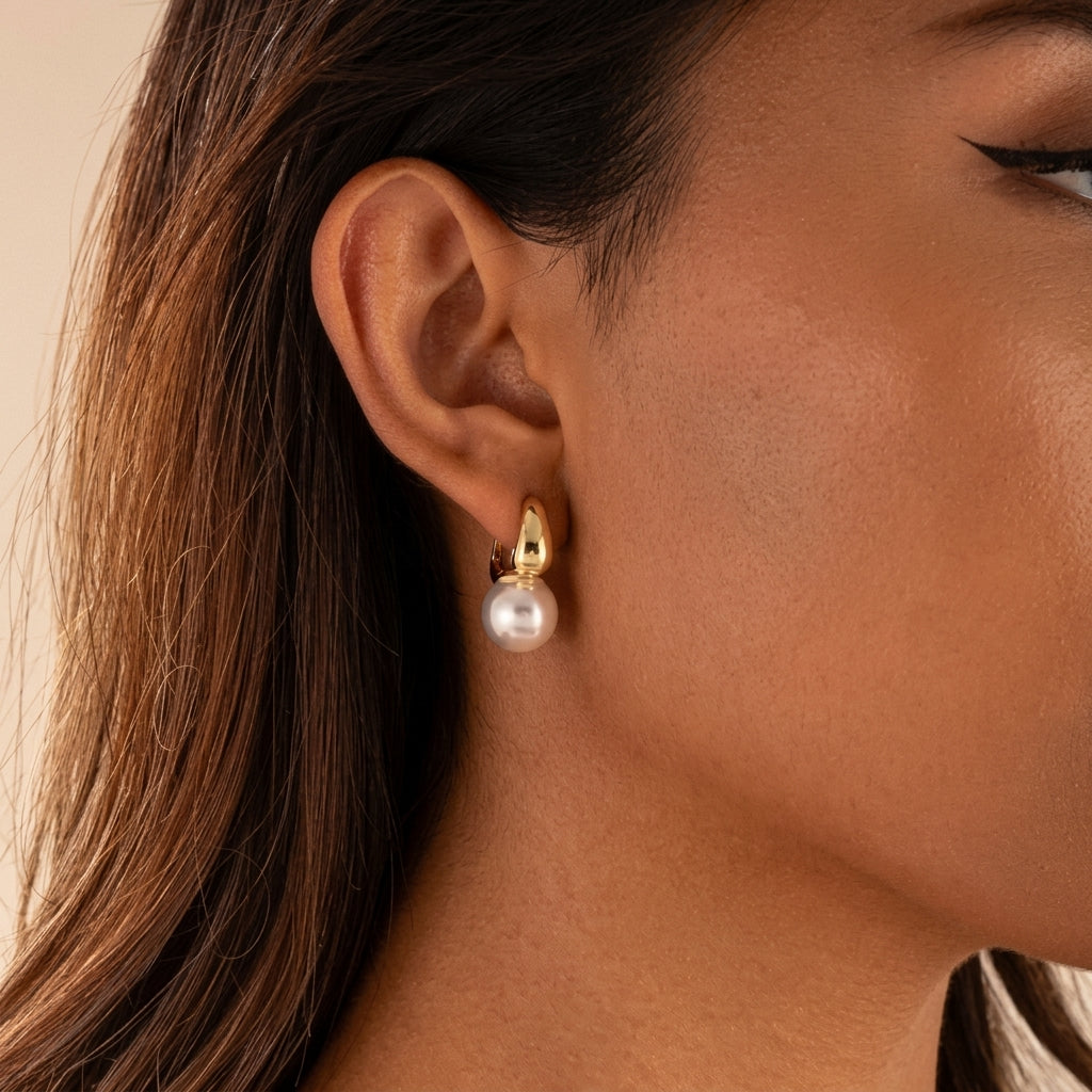 14k Pearl Drop Huggie Earrings