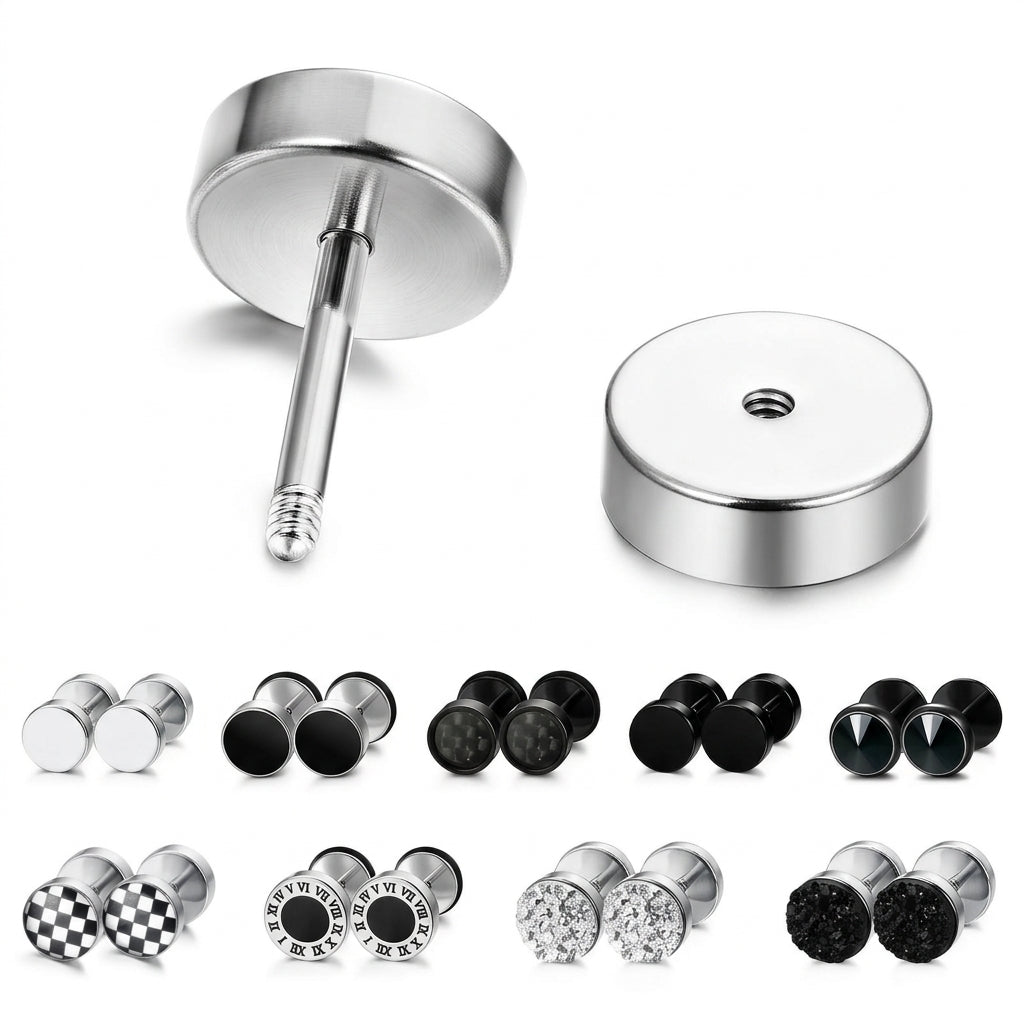 9 Pairs Round Mixed Plug Stud Earring Set