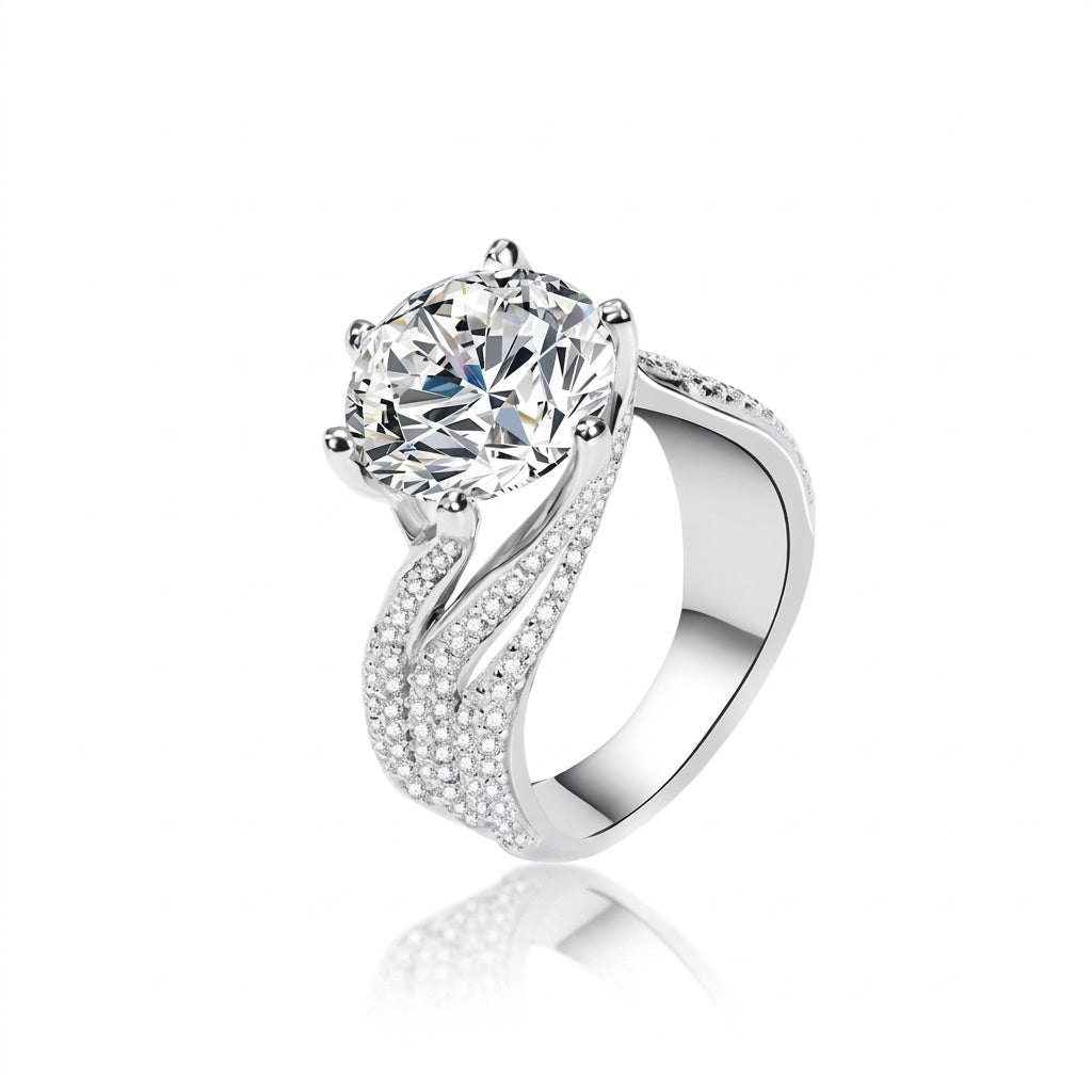 Elegant Wave Pave Shoulder Solitaire Ring