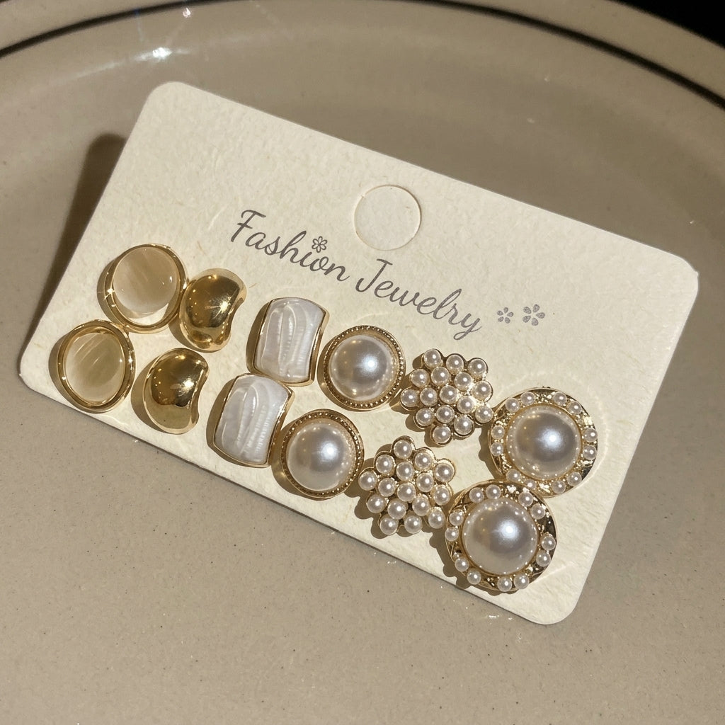 6 Pairs Elegant Pearl Stud Earrings Set