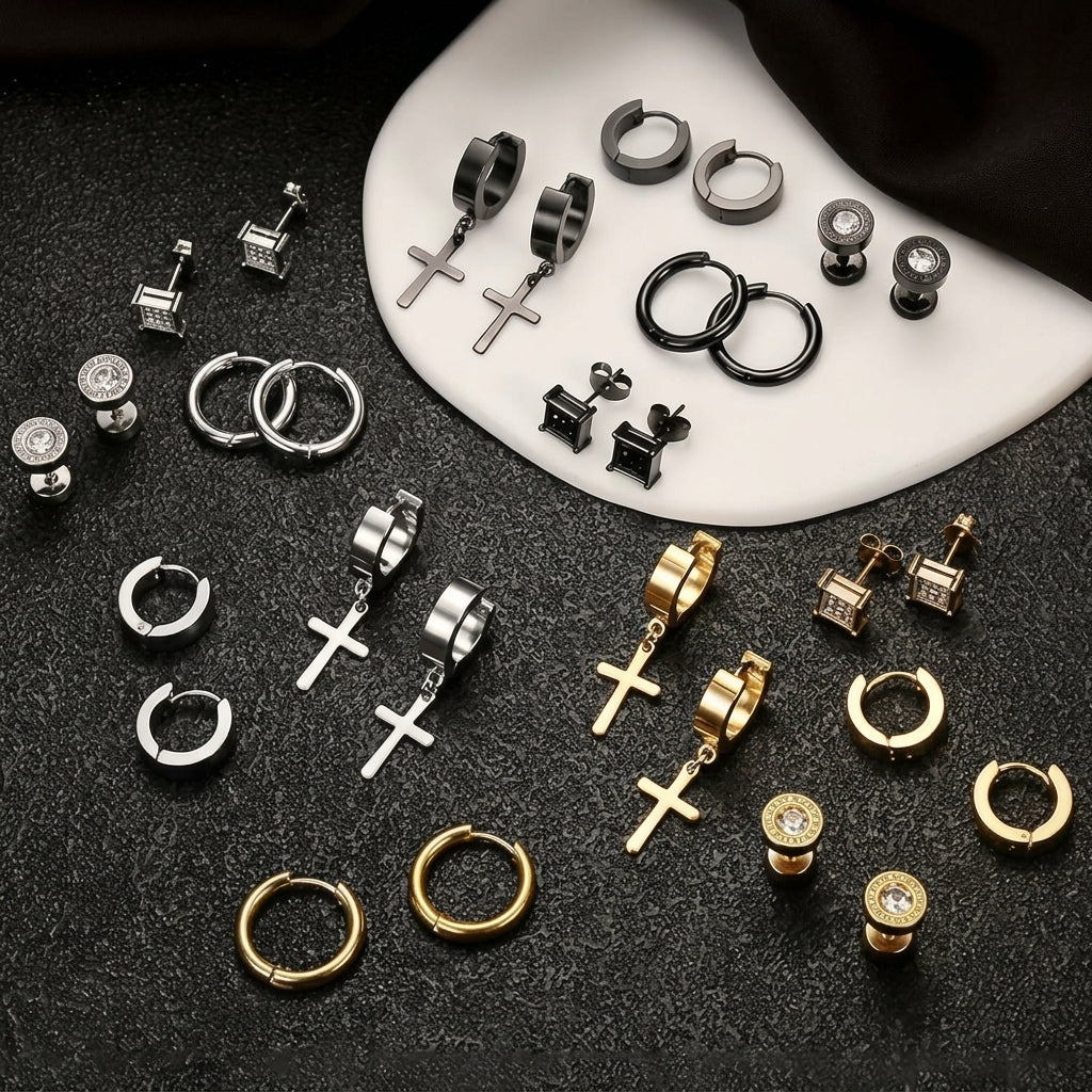 15 Pairs Unisex Stud and Cross Hoop Earring Set