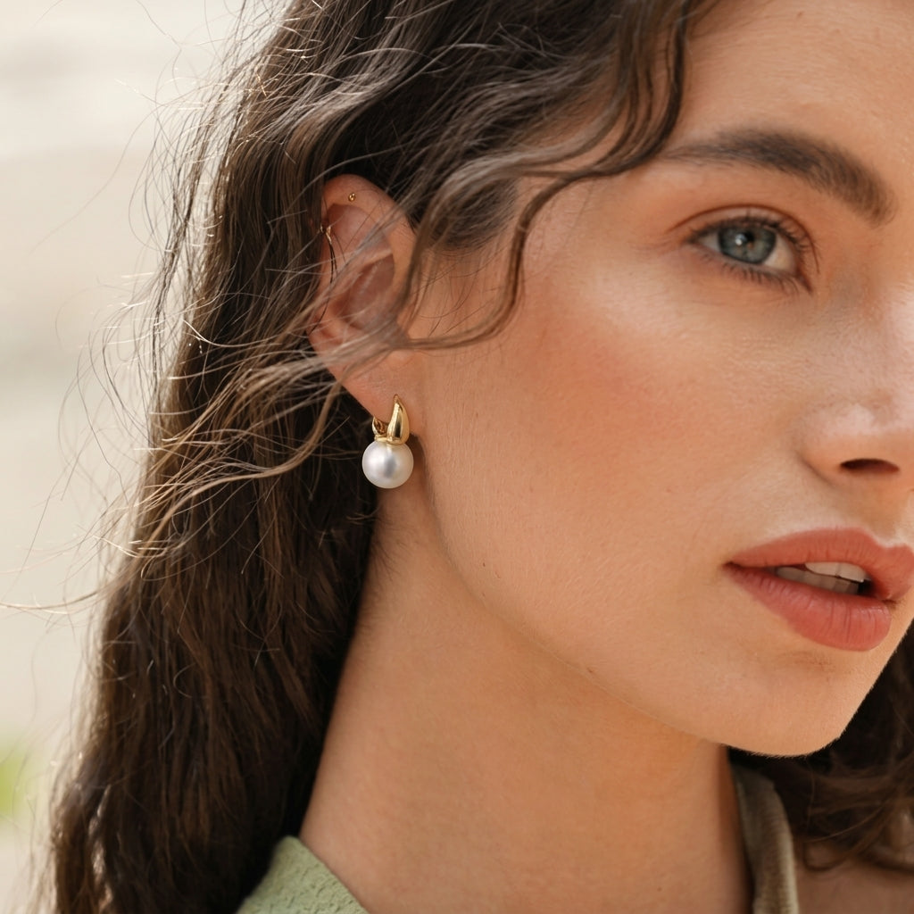 14k Pearl Drop Huggie Earrings
