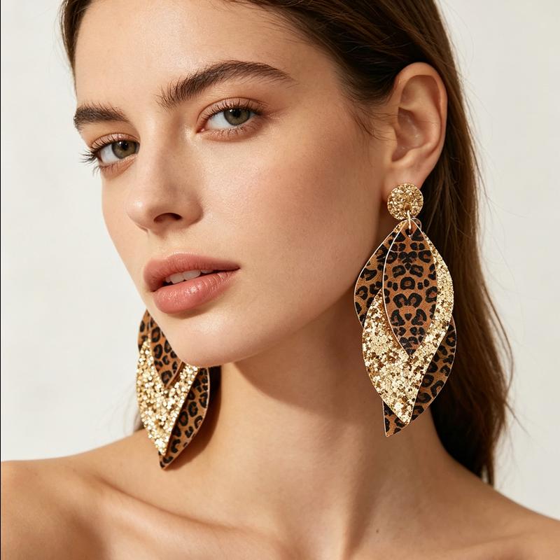 Vintage Leopard Print & Gold Sequin Layered Leaf Earrings