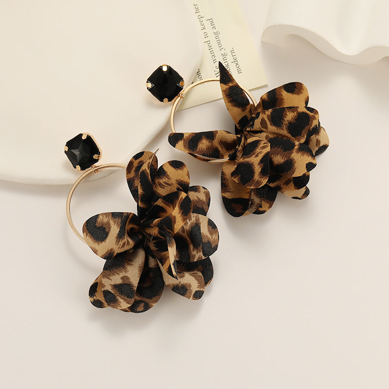 Leopard Print Ruffled Flower Hoop Earrings