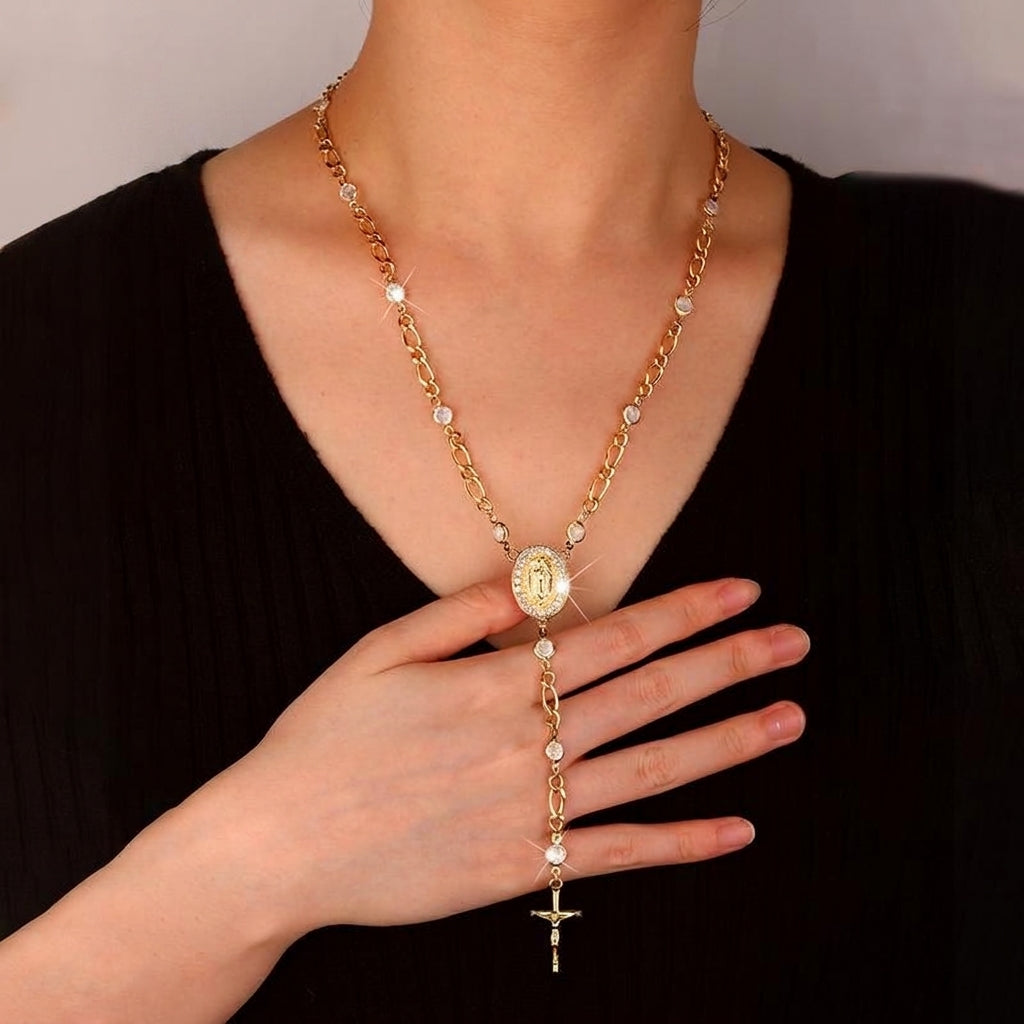 18k Figaro Rosary Virgin Mary Cross Lariat Necklace