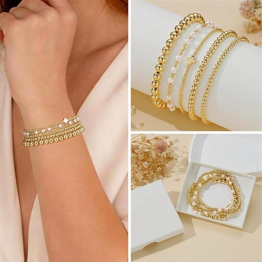 14k 5pc Beaded Cross Bracelet Stack