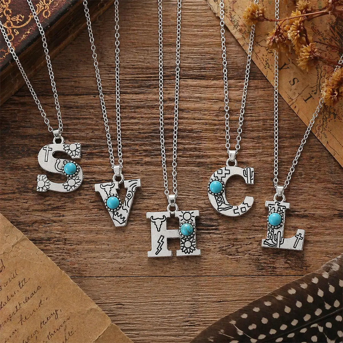 Boho Turquoise Accented Letter Initial Necklace