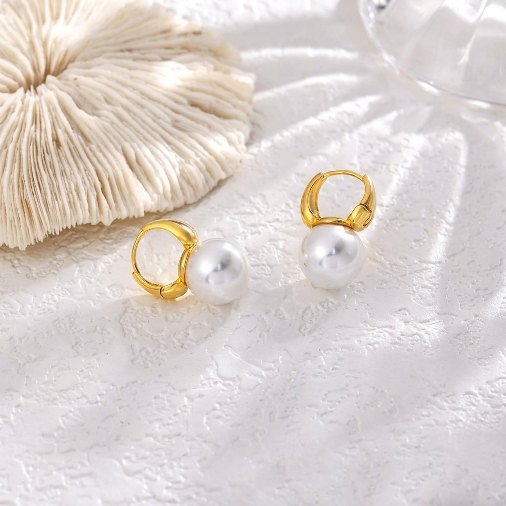 14k Pearl Drop Huggie Earrings