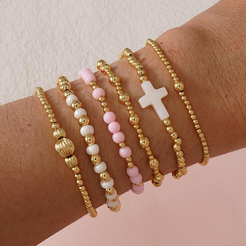 14k 6pc Beaded Bracelet Stack