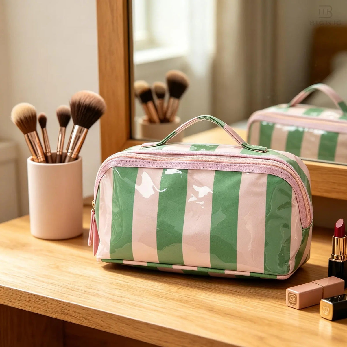 Wide Opening Striped Makeup Bag