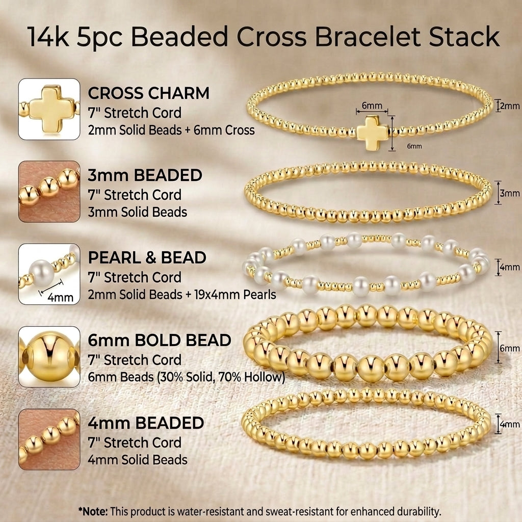 14k 5pc Beaded Cross Bracelet Stack