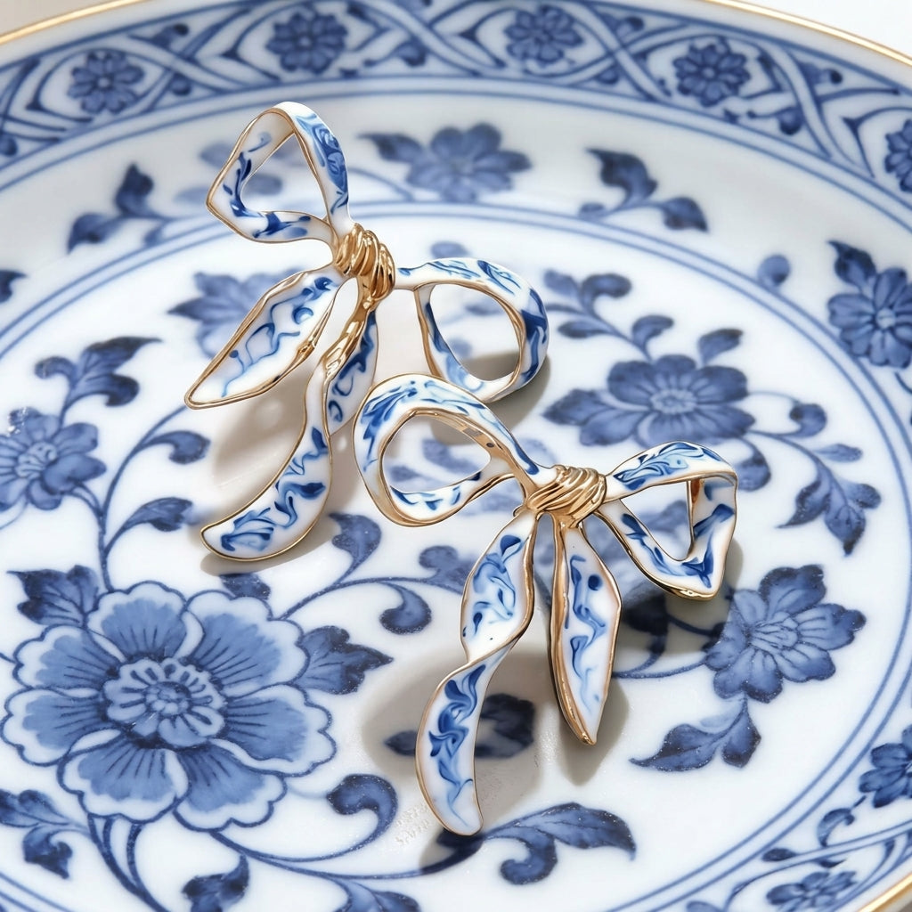 Elegant Blue & White Bow Earrings