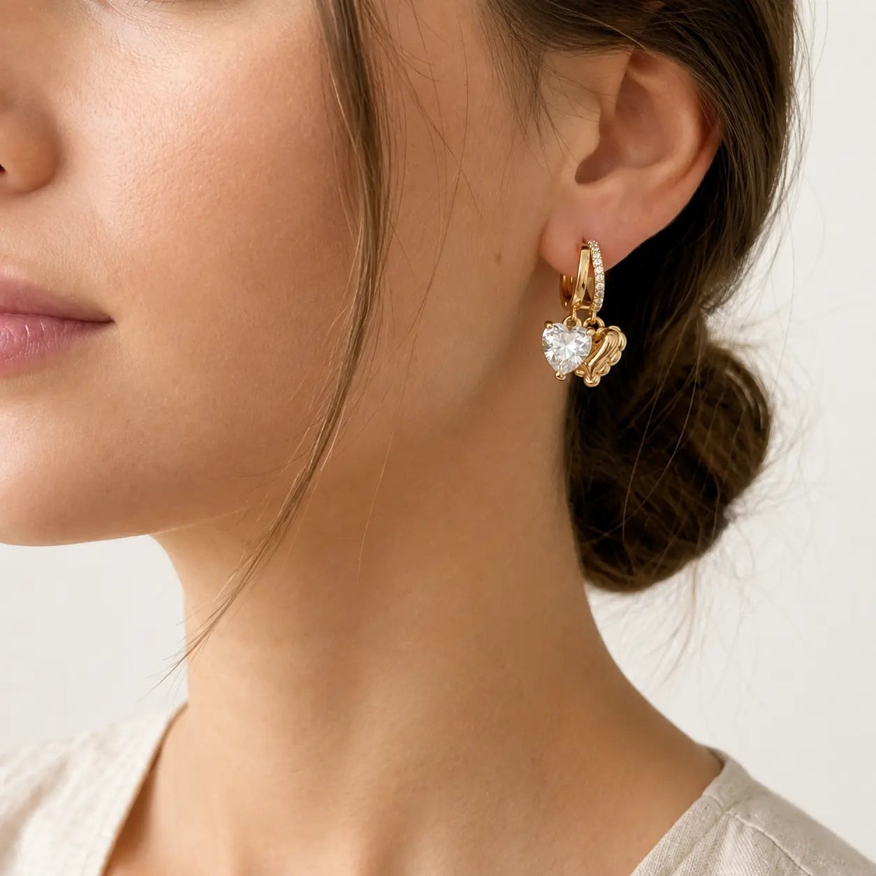 14k Elegant Double Heart Huggie Hoop Earrings