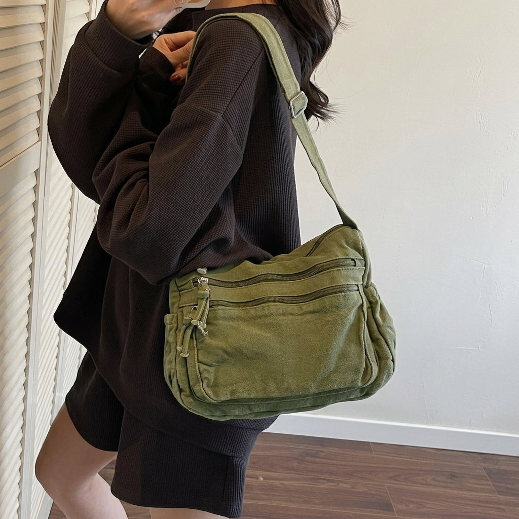 Multi-Pocket Canvas Crossbody Bag