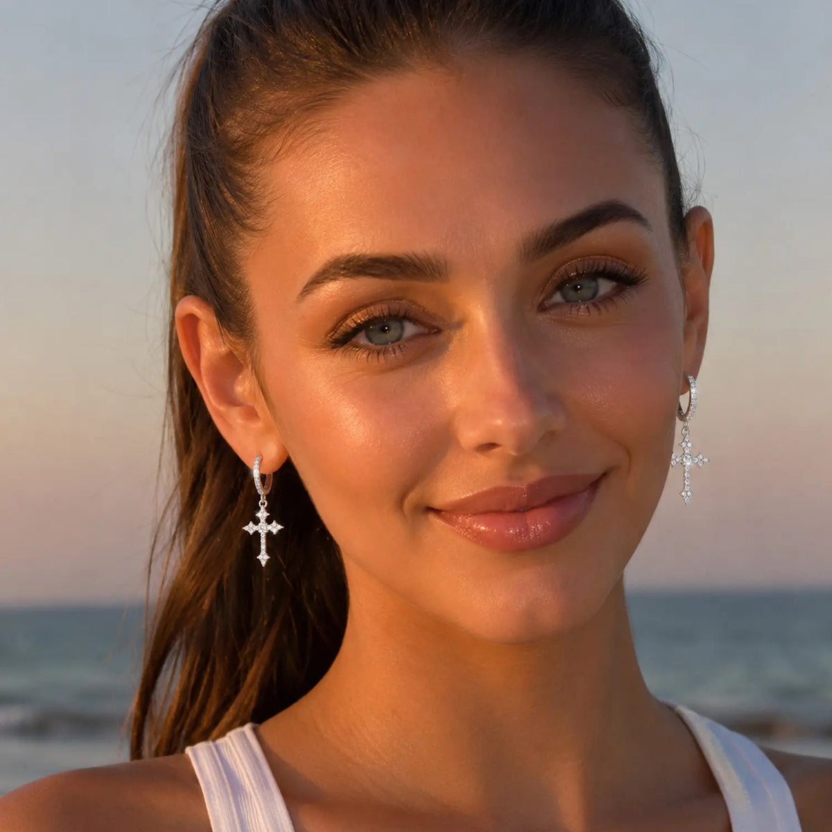 14k Sparkling Cross Dangle Hoop Earrings