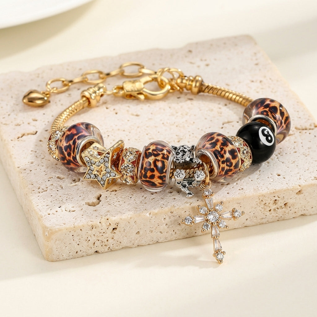 Chic Leopard Bead Cross Bracelet
