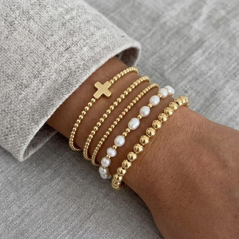 14k 5pc Beaded Cross Bracelet Stack
