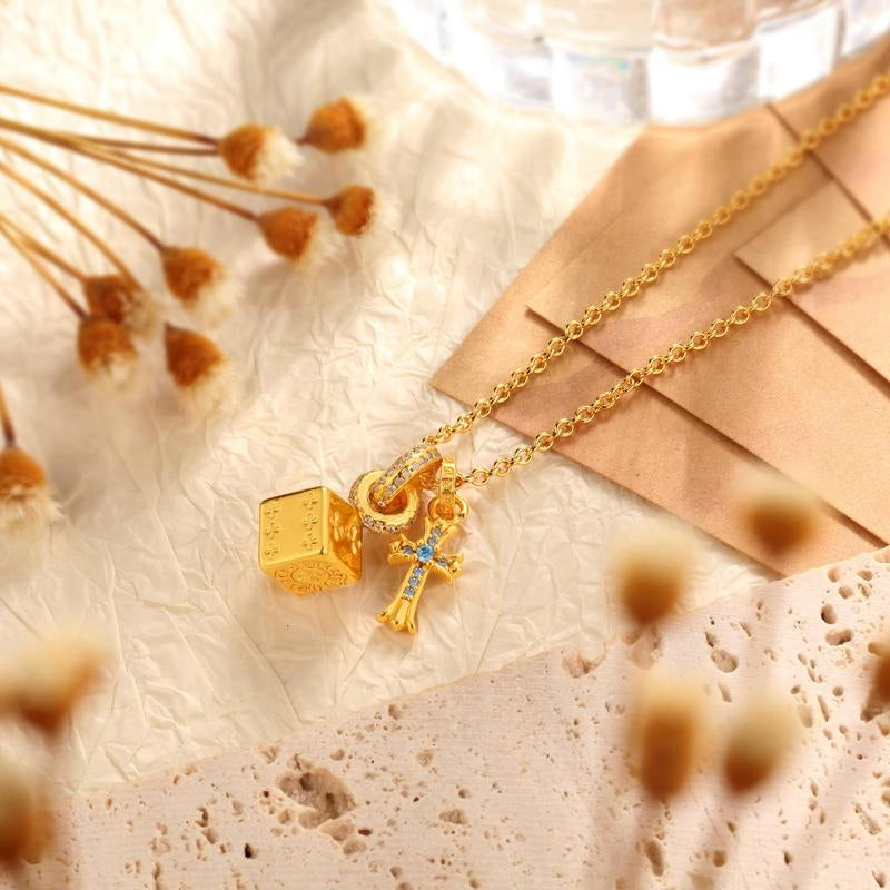 14k Cross & Dice Charm Necklace