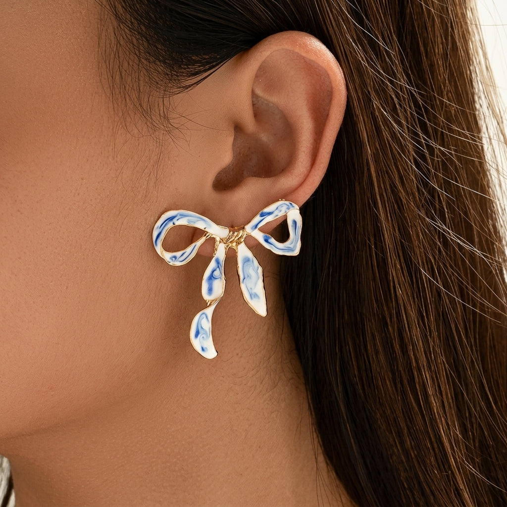 Elegant Blue & White Bow Earrings