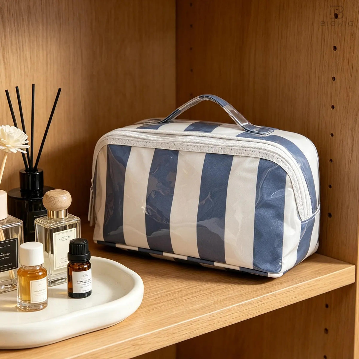 Wide Opening Striped Makeup Bag