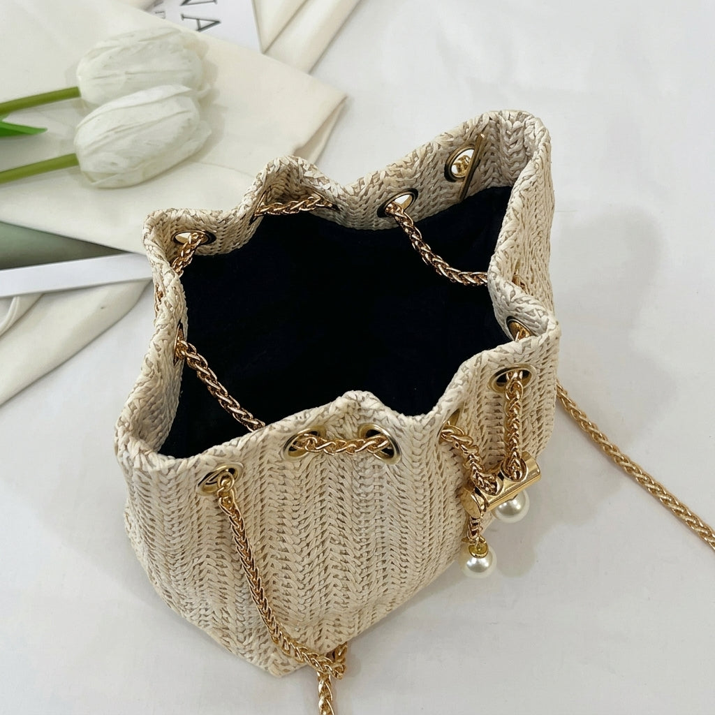 Boho Woven Drawstring Bucket Bag