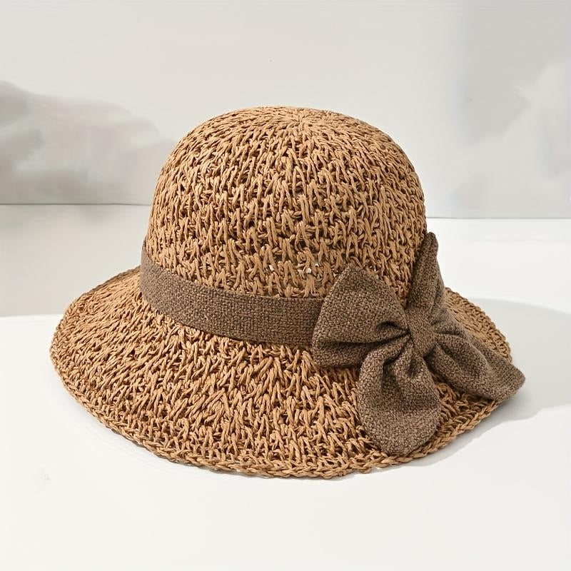 Woven Straw Hat With Ruffled Bow