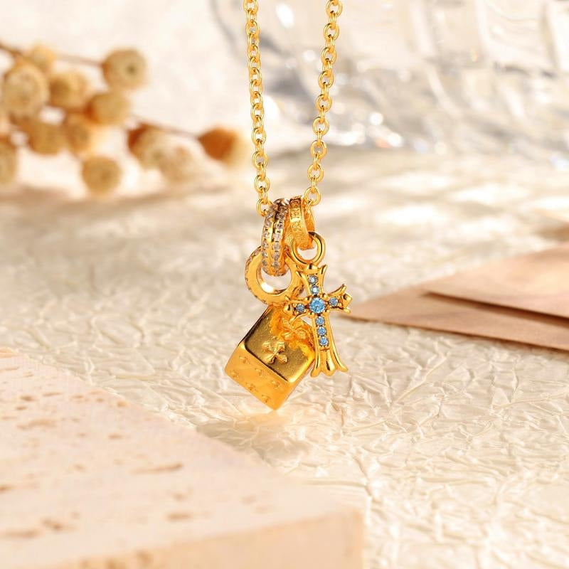 14k Cross & Dice Charm Necklace