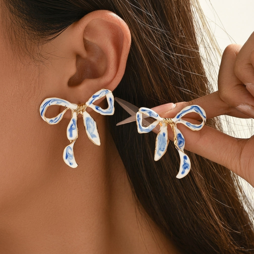Elegant Blue & White Bow Earrings