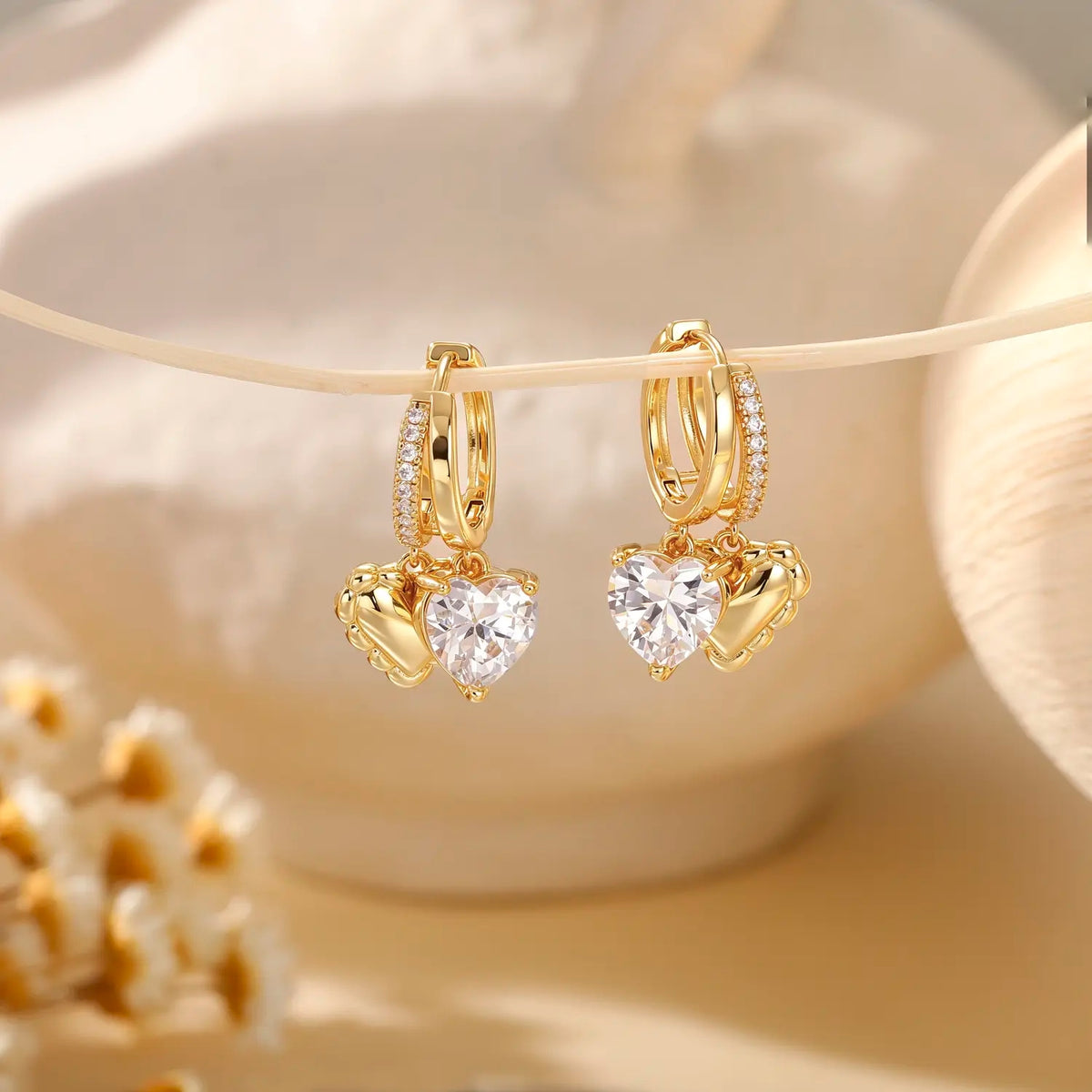14k Elegant Double Heart Huggie Hoop Earrings