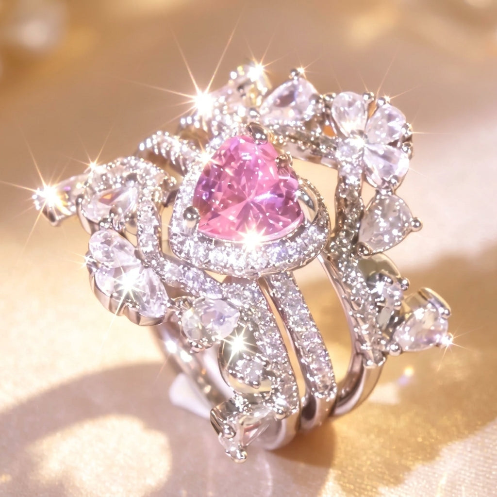 3pc Pink Heart Crown Stackable Ring Set