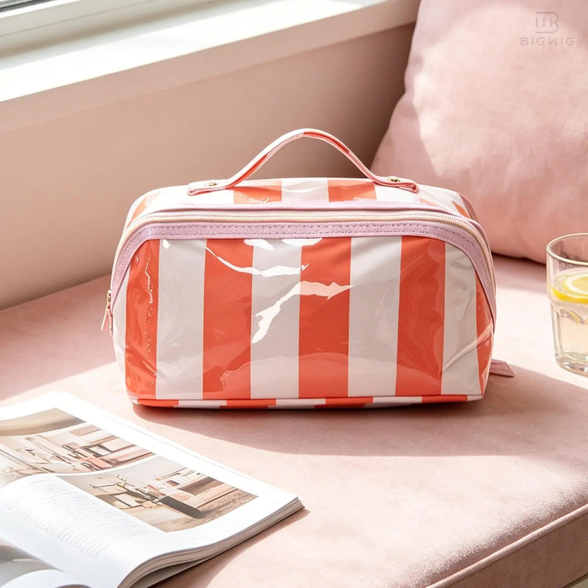 Wide Opening Striped Makeup Bag
