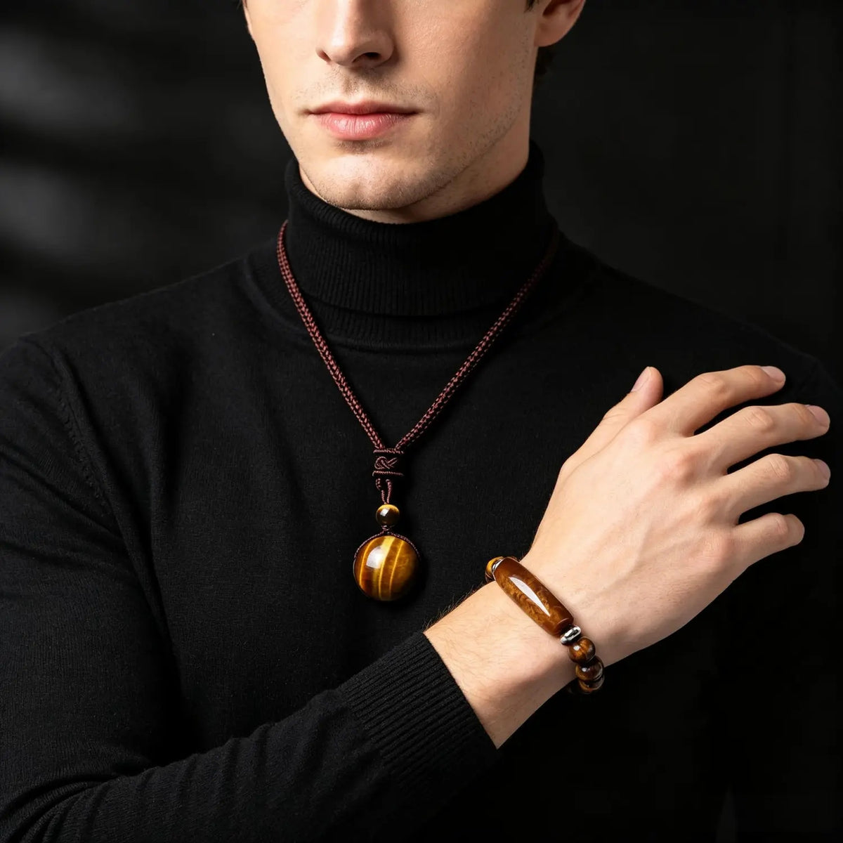 2pc Tiger Eye Pendant Necklace and Bracelet Set