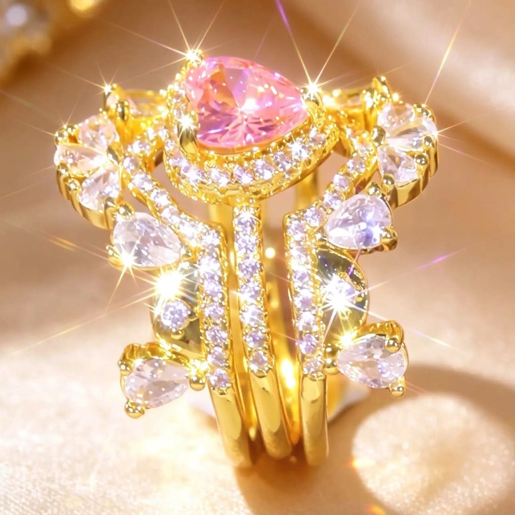 3pc Pink Heart Crown Stackable Ring Set