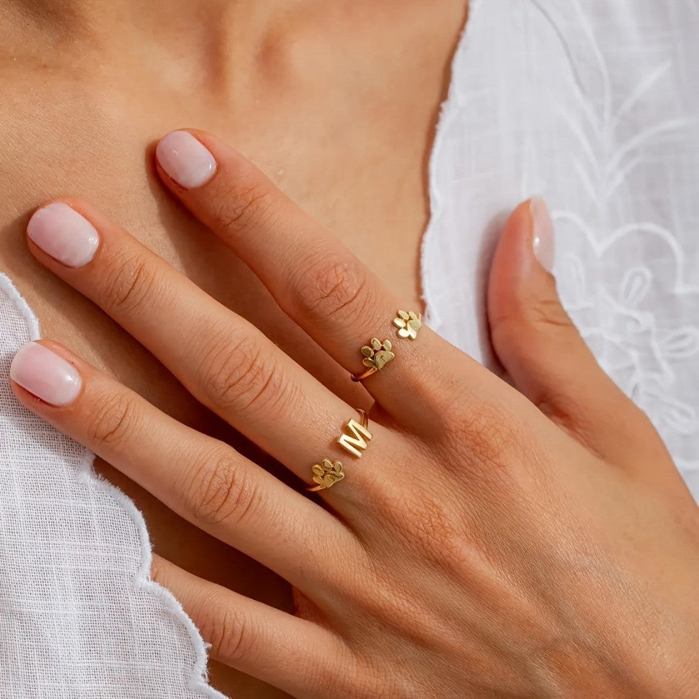 Dainty Paw Print Initial Open Ring