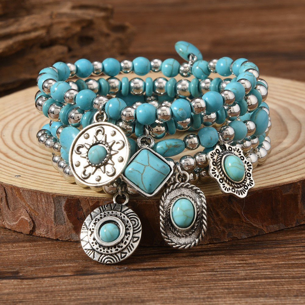 Boho Turquoise Geometric Charm Bracelet Stack