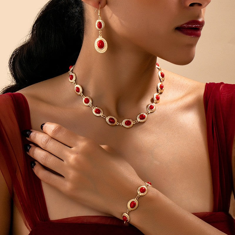 Classy Vintage Red Oval Necklace, Bracelet & Earring Set